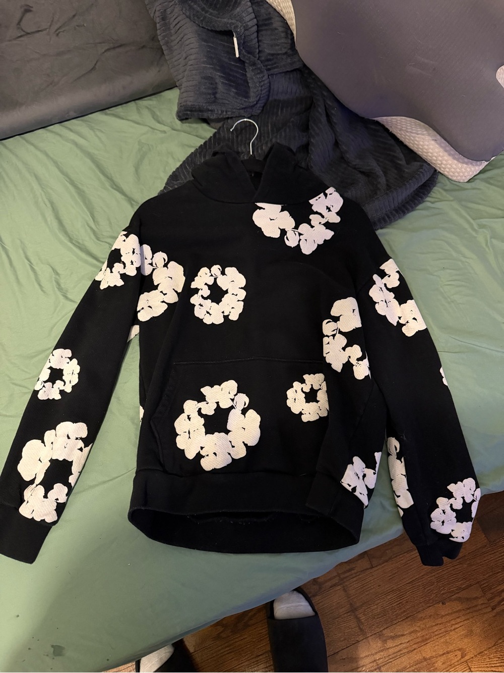 Men's Black Pullover Hoodie with White Floral Prints